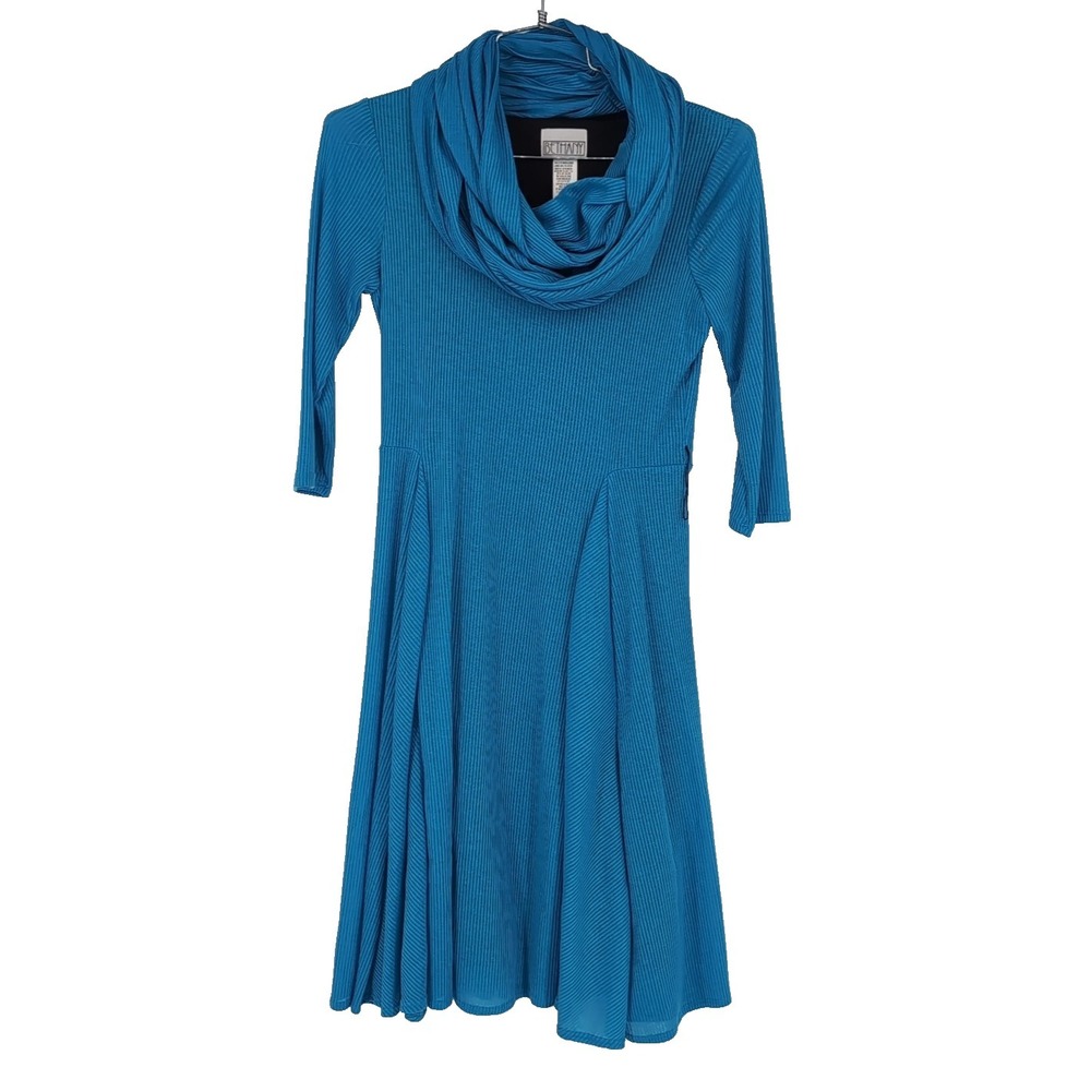 NWT BETHANY Ribbed Blue A Line Flair Scarf Midi Dress Size PM Medium NO BELT